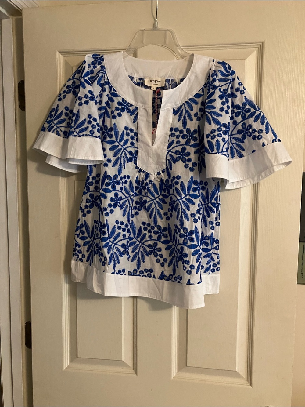 Umgee White Top with Blue Floral Embroidery